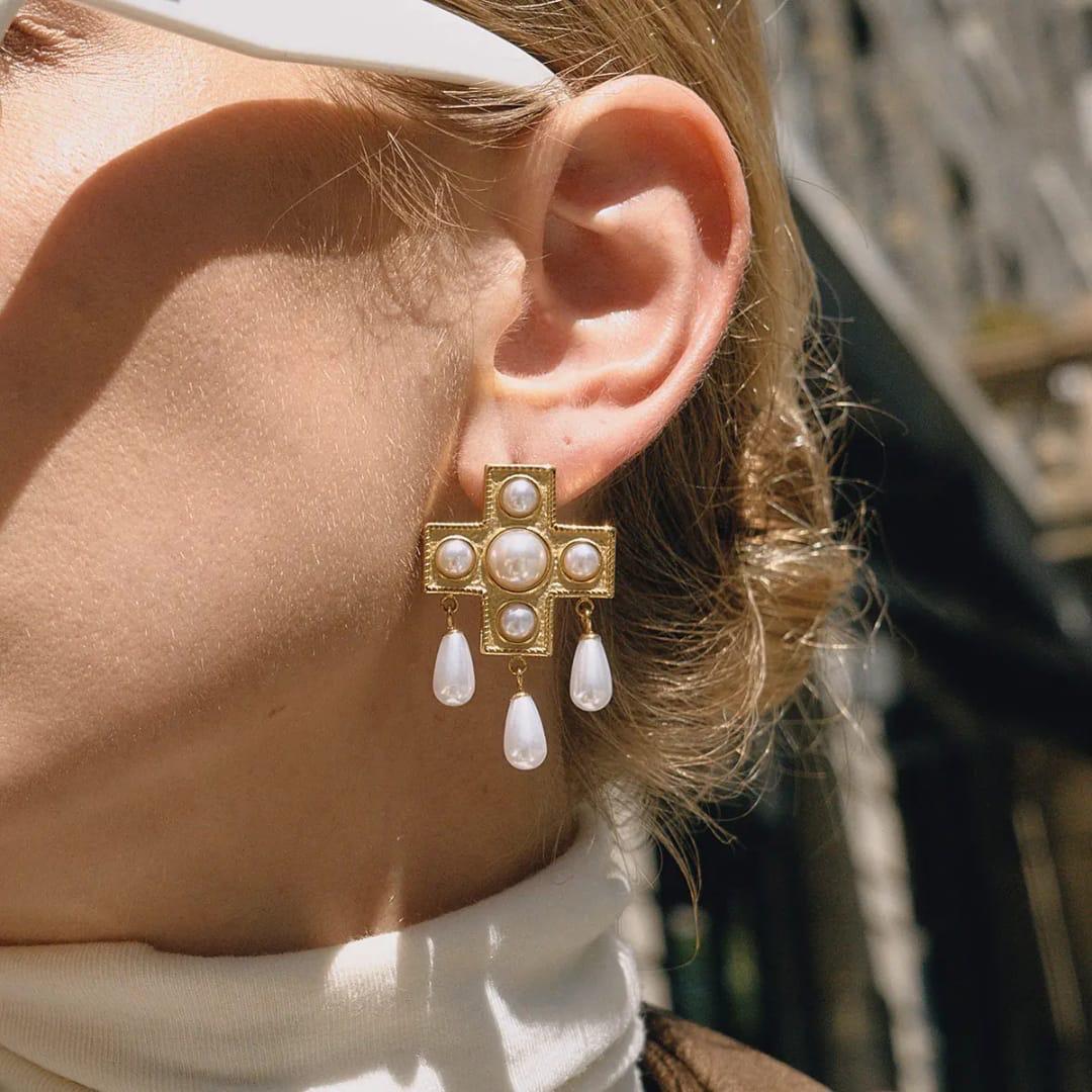 Pearl Statment Cross Earrings