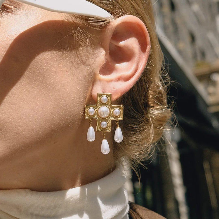 Pearl Statment Cross Earrings