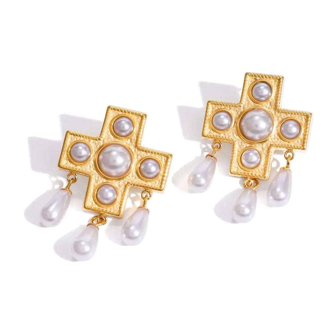 Pearl Statment Cross Earrings