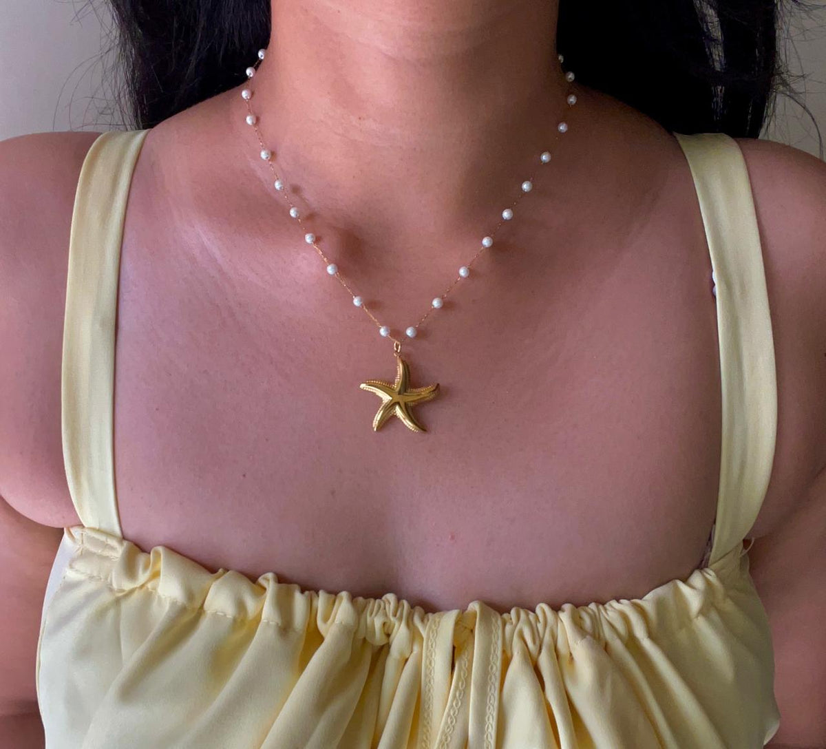 Gold Pearl Chain Starfish Waterproof Necklace