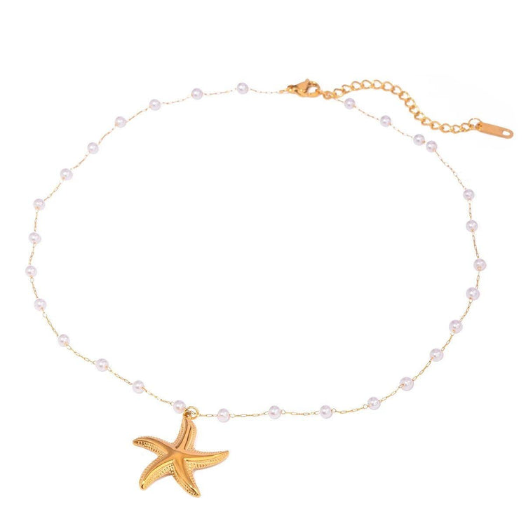 Gold Pearl Chain Starfish Waterproof Necklace
