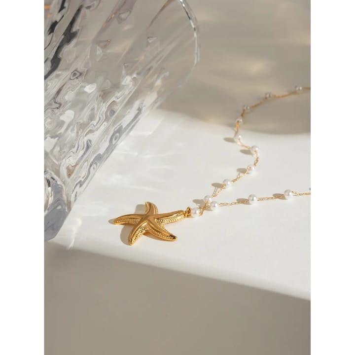 Gold Pearl Chain Starfish Waterproof Necklace