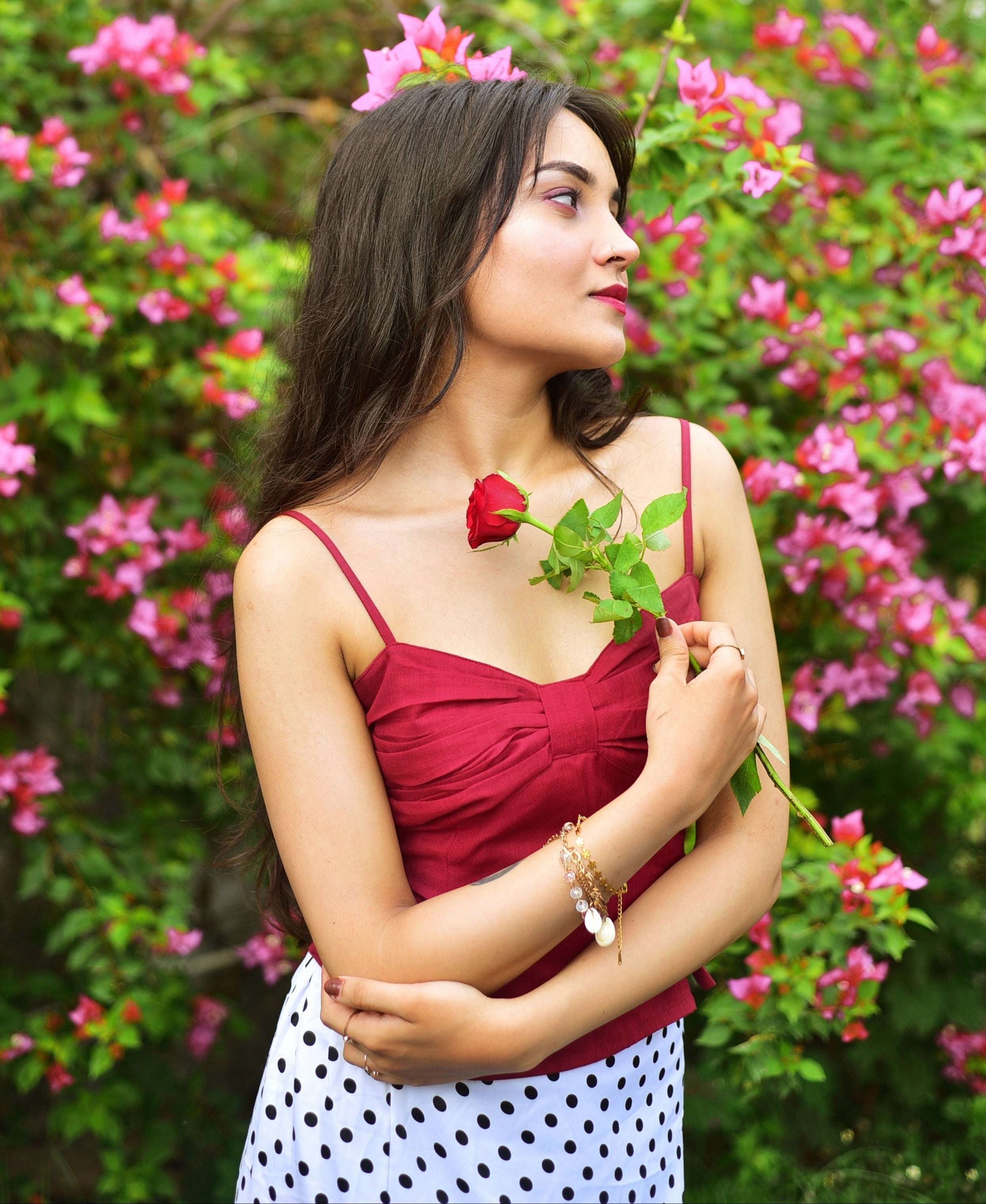 Rosy pleated top in crimson
