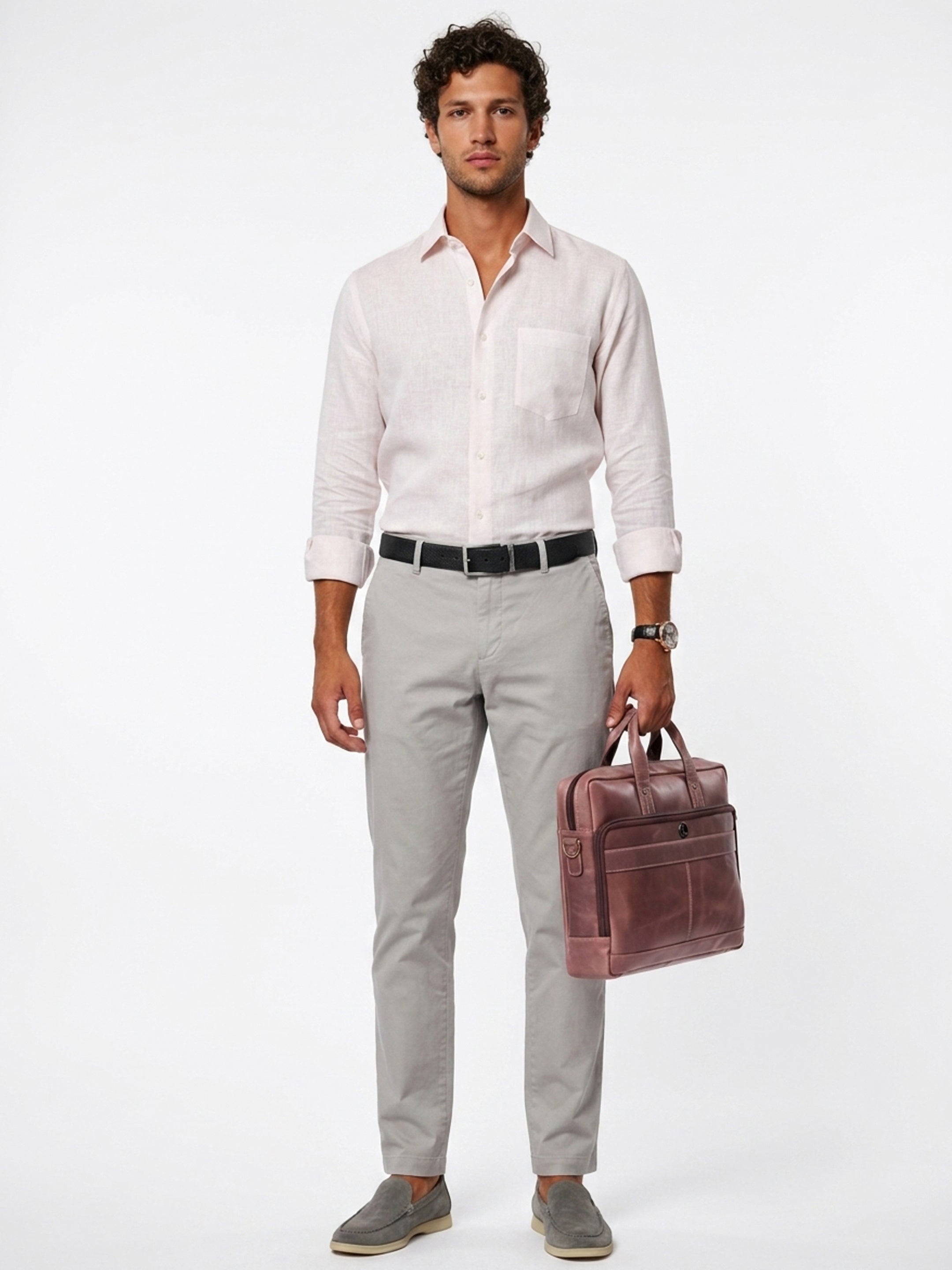 Long Collar Formal Linen Shirt With Pocket Baby Pink