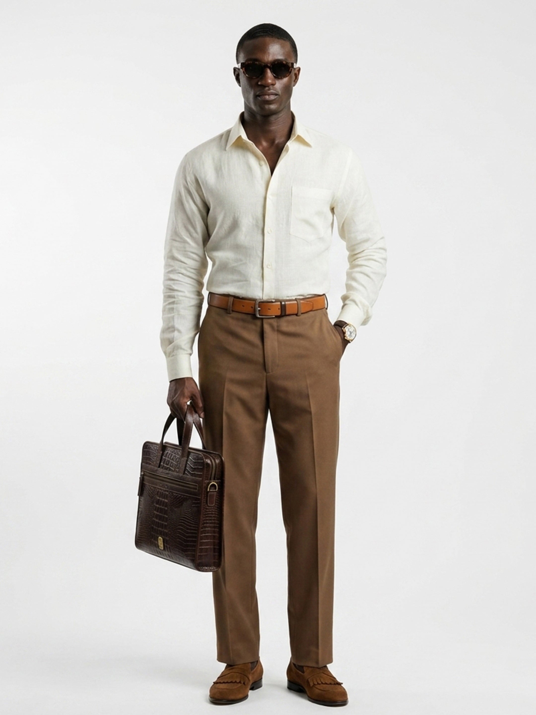 Long Collar Formal Linen Shirt With Pocket Light Blue
