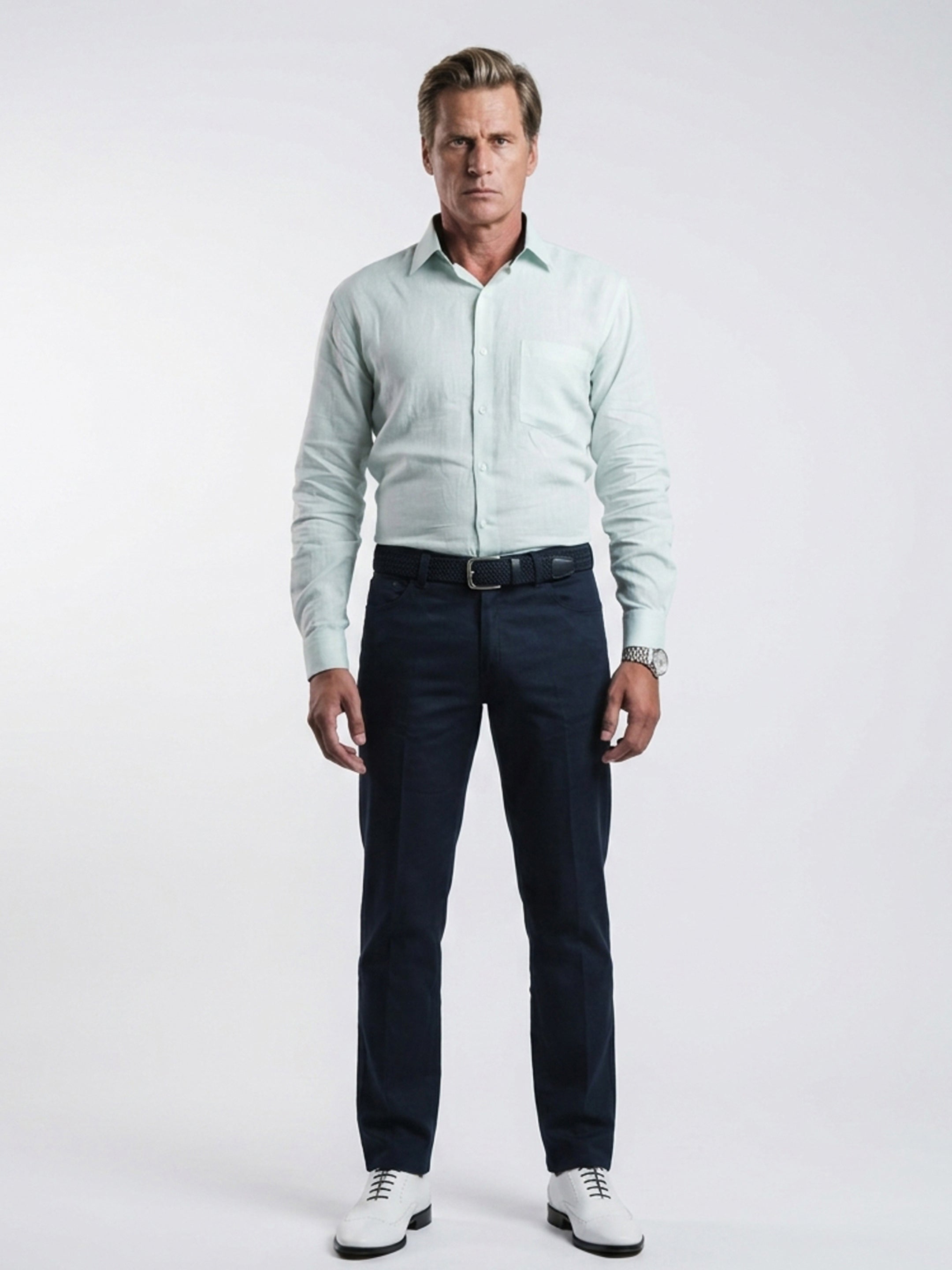 Long Collar Formal Linen Shirt With Pocket Light Blue