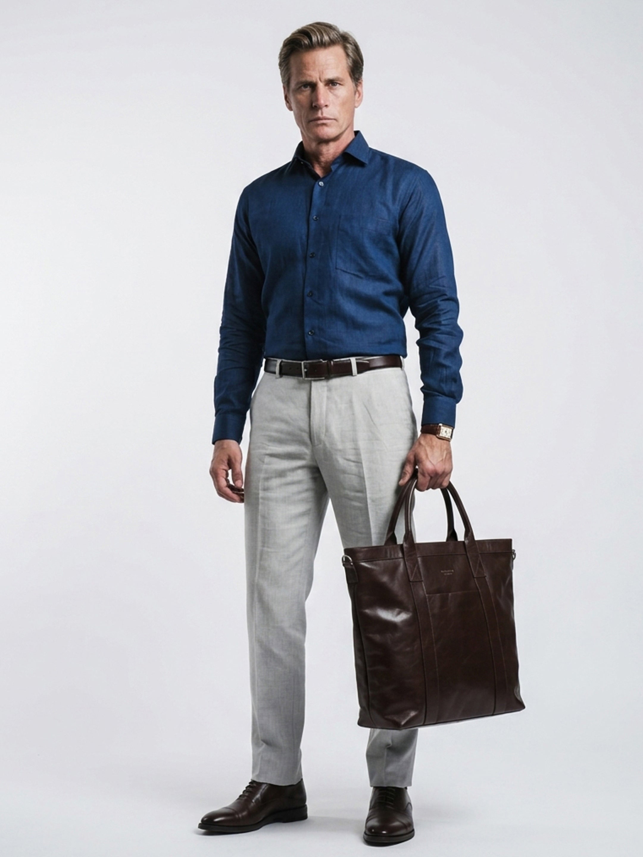 Long Collar Formal Linen Shirt With Pocket Navy Blue