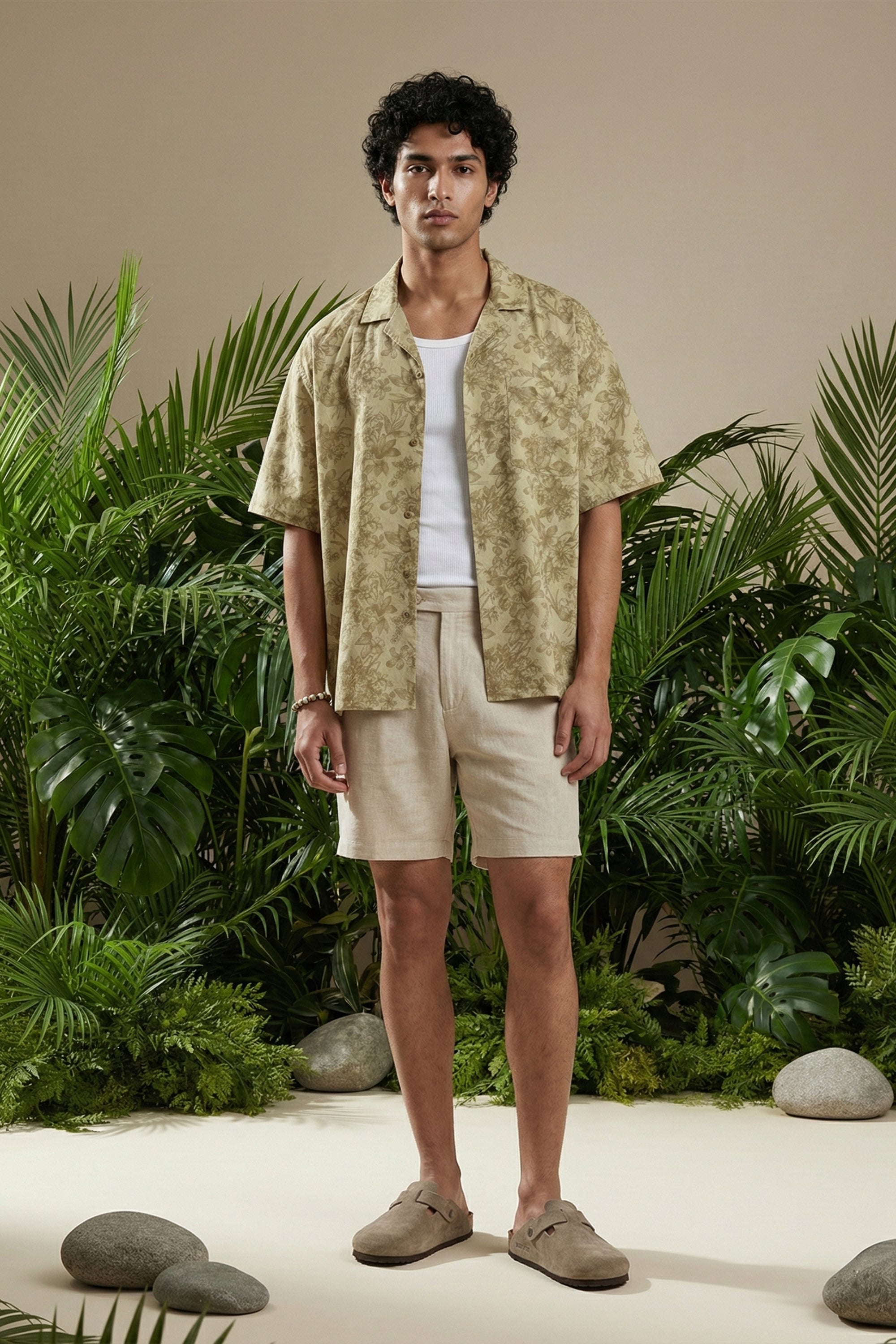 Olive Floral Cuban Collar Shirt