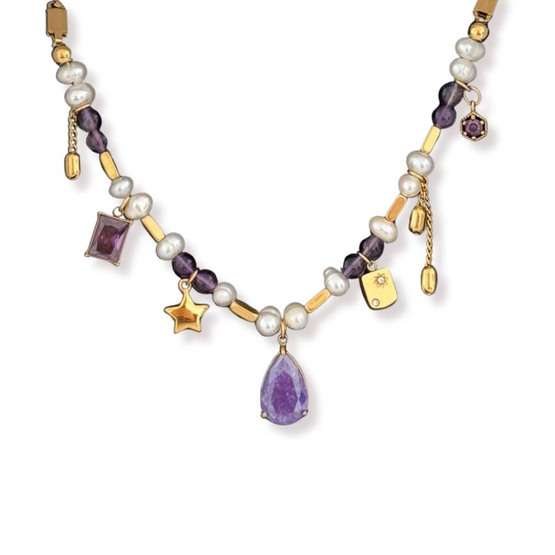 Amethyst (purple) Freshwater Pearl Charm Waterproof Necklace