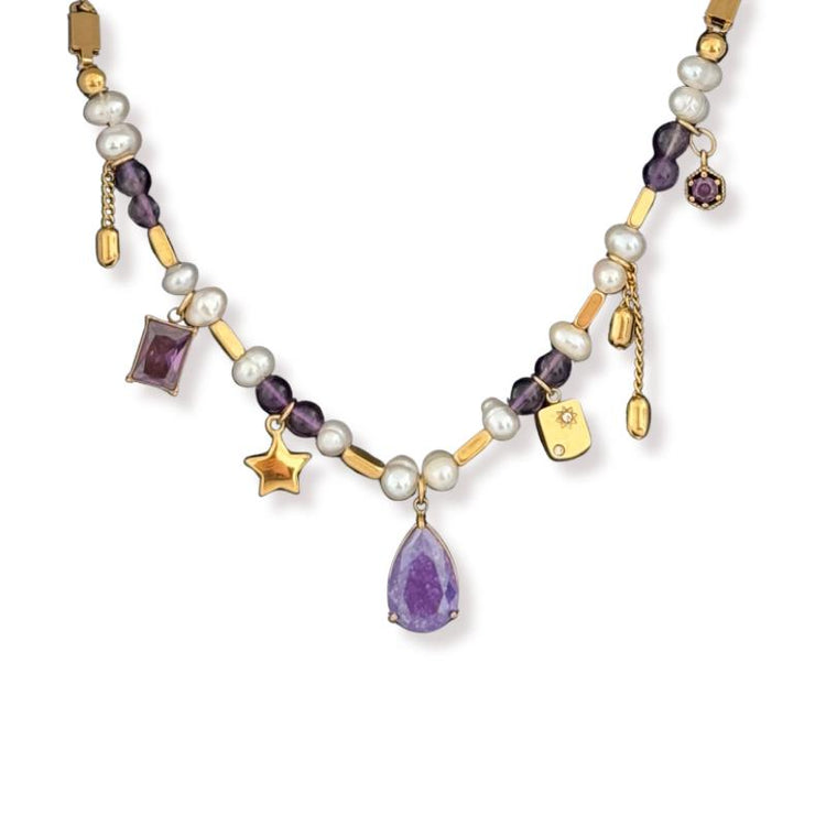 Amethyst (purple) Freshwater Pearl Charm Waterproof Necklace