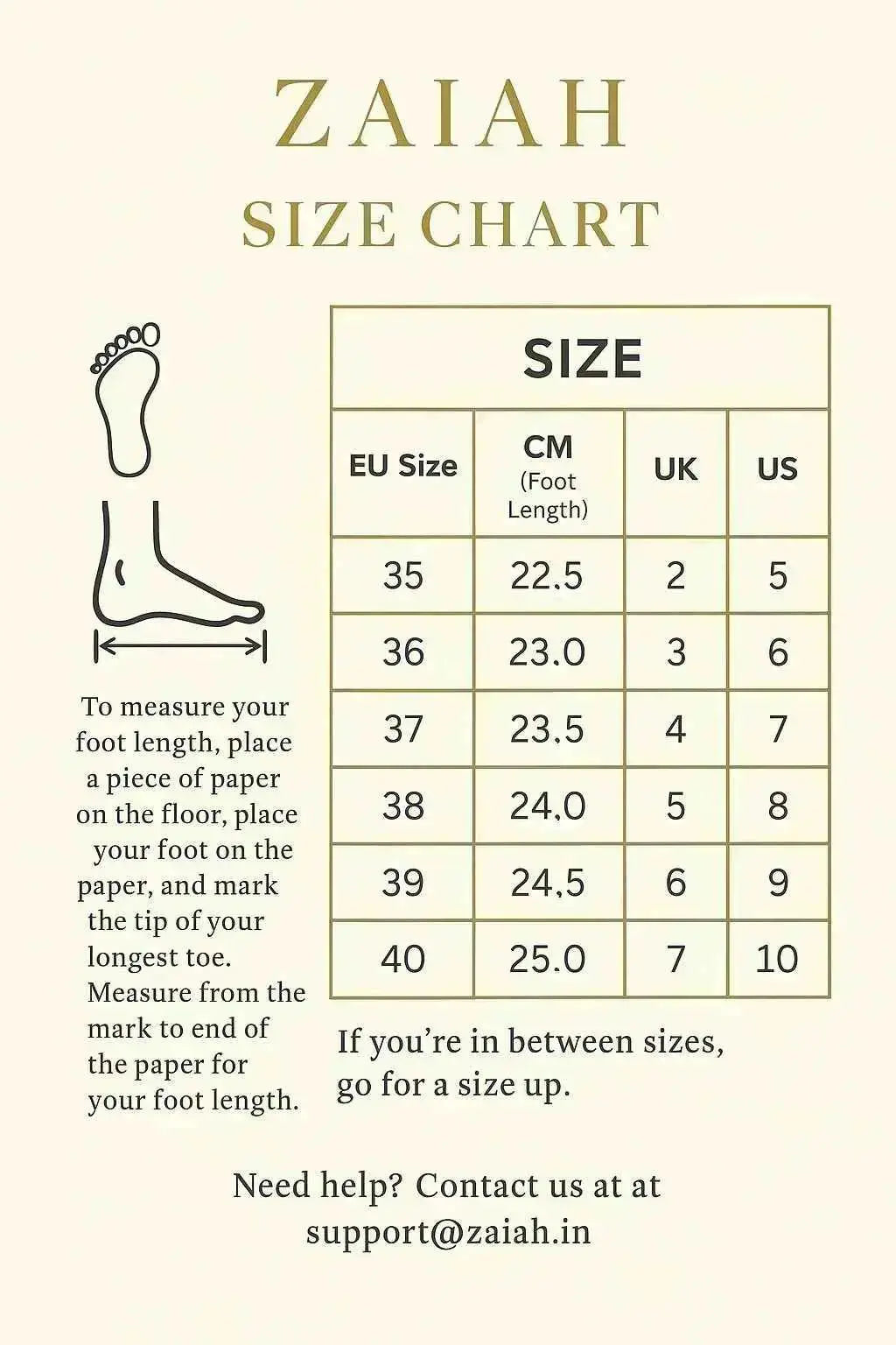 Zaiah size chart for handcrafted juttis with EU, UK, US, and CM measurements and foot measuring guide