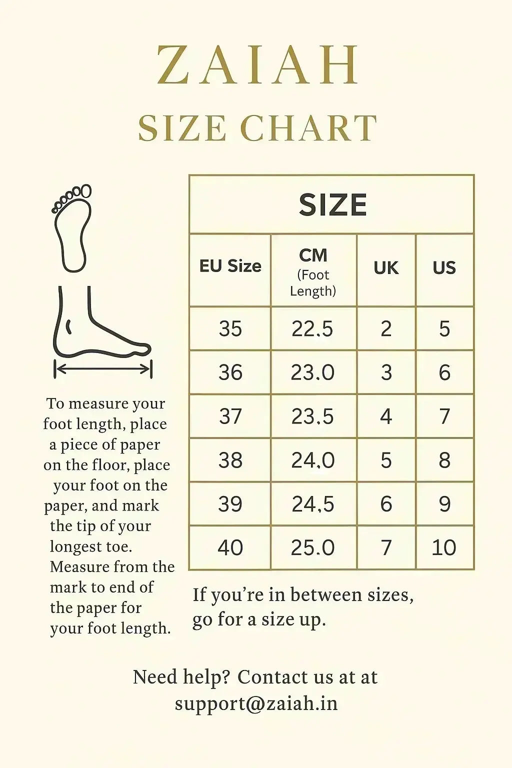 Zaiah size chart for shoes with foot measurement instructions on a beige background