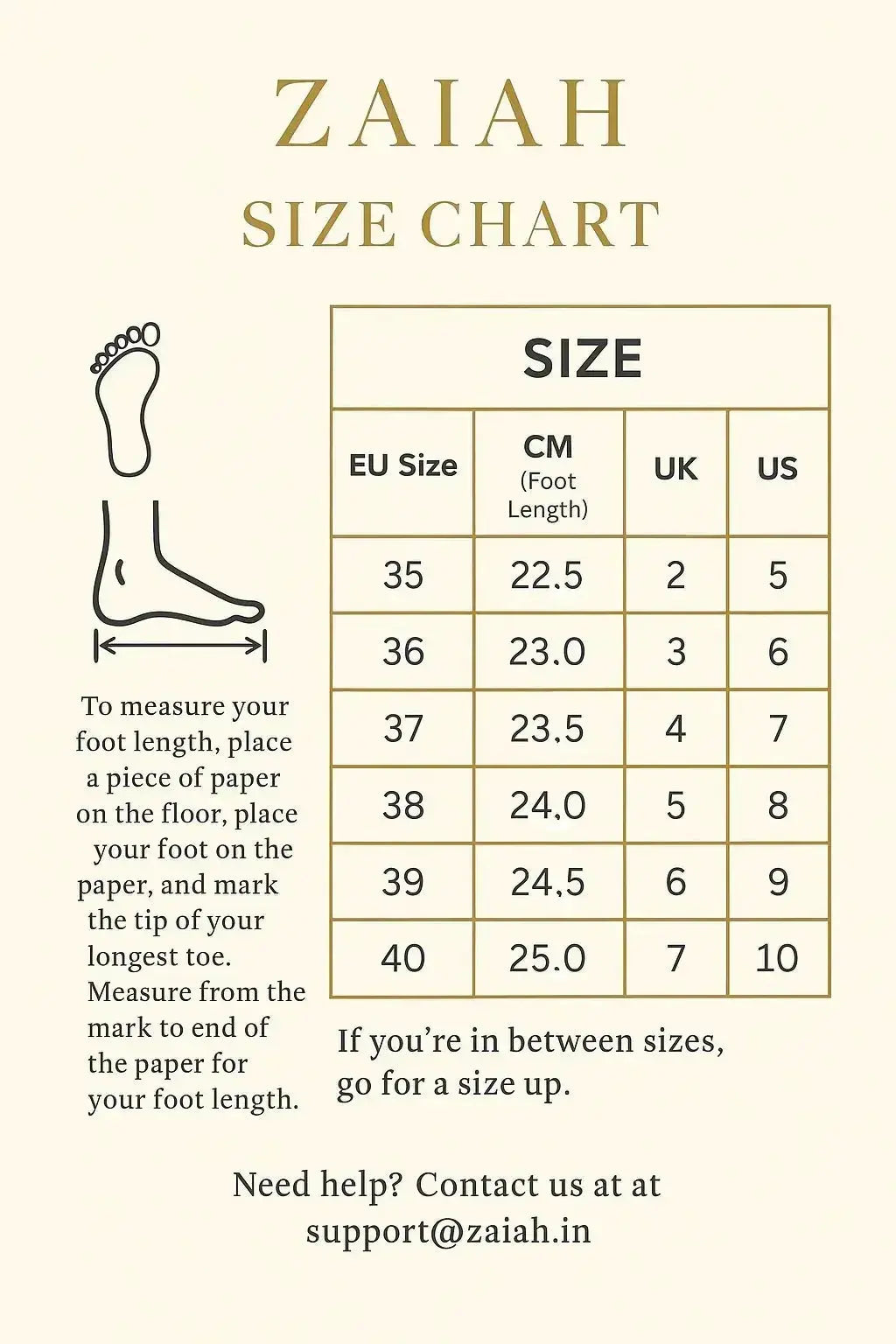 Zaiah size chart for handcrafted juttis with EU, UK, US sizes and foot measurement guide