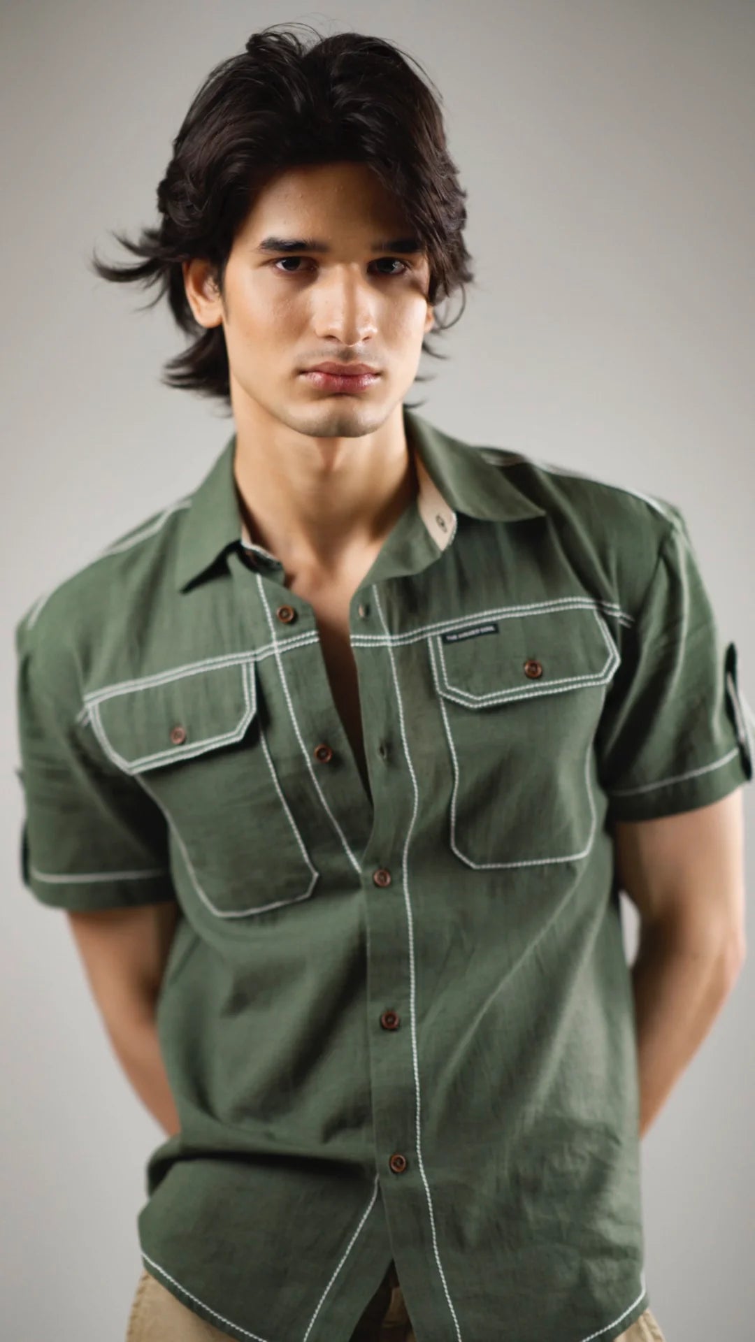 Man wearing a fern green cotton linen shirt with half sleeves against a gray background